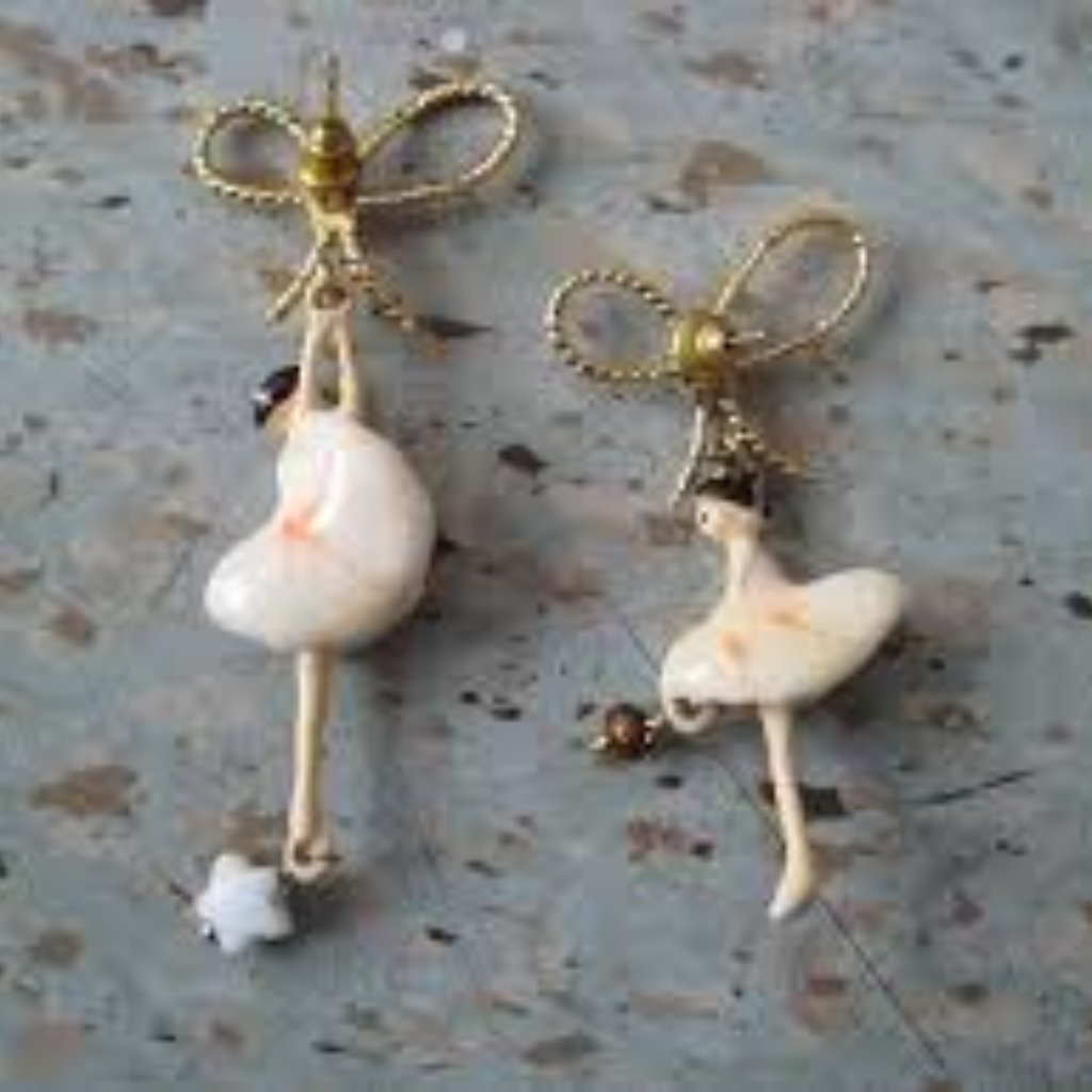 Les Nereides White Ballerina And A Bow Asymetrical Stud Earrings